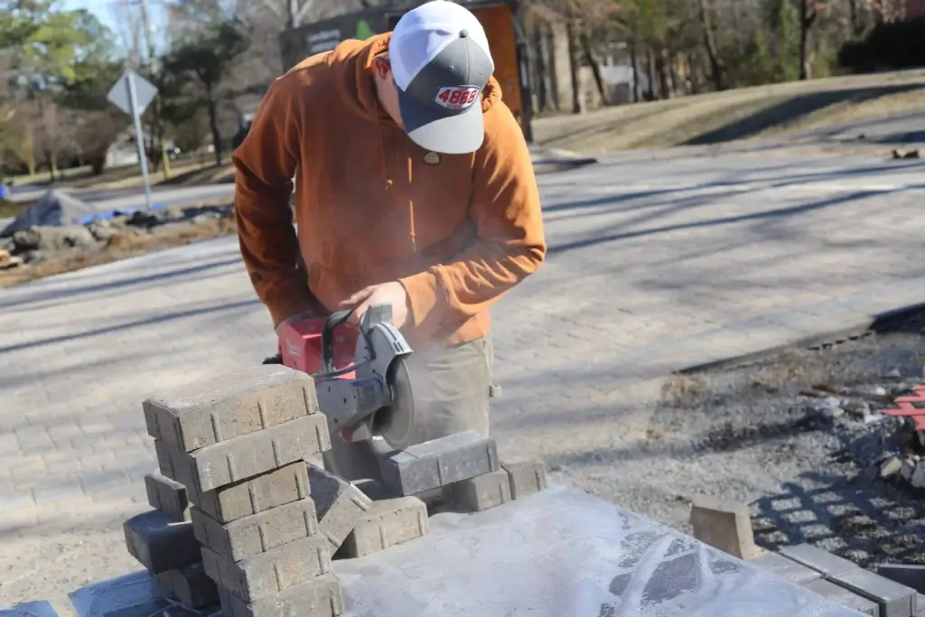 A hardscaping project block preparation, during construction, in Cleveland, TN.
